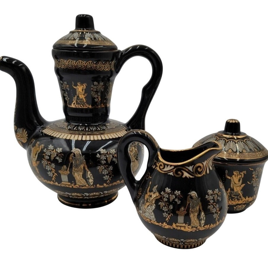 Vintage Greek Tea Set Ceramotechnica Xipolias 24K Gold Handmade Hellas 3pc Mint