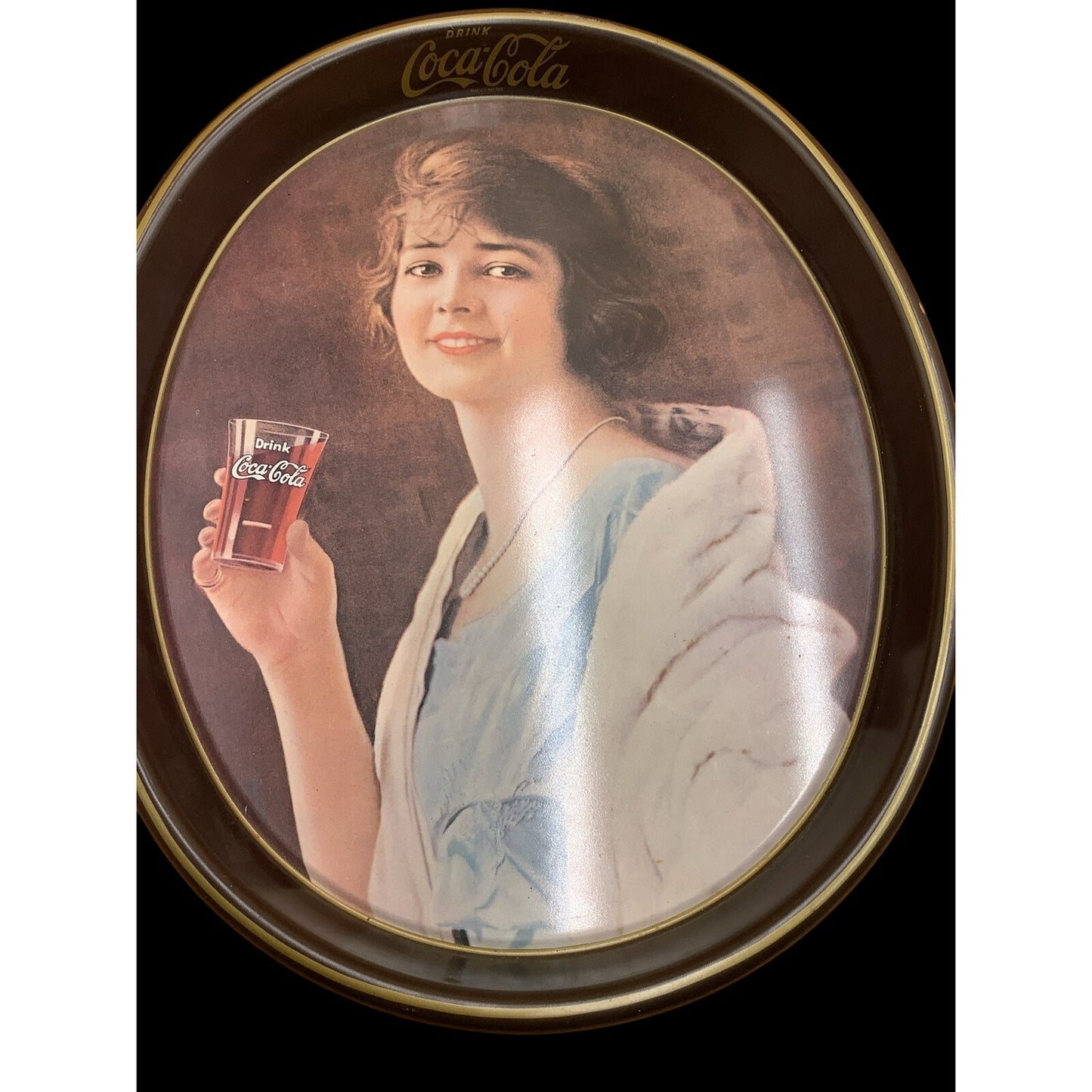Vintage Coca-Cola 1973 Oval Tray Lady Drinking Glass of Coke 1928 Reproduction