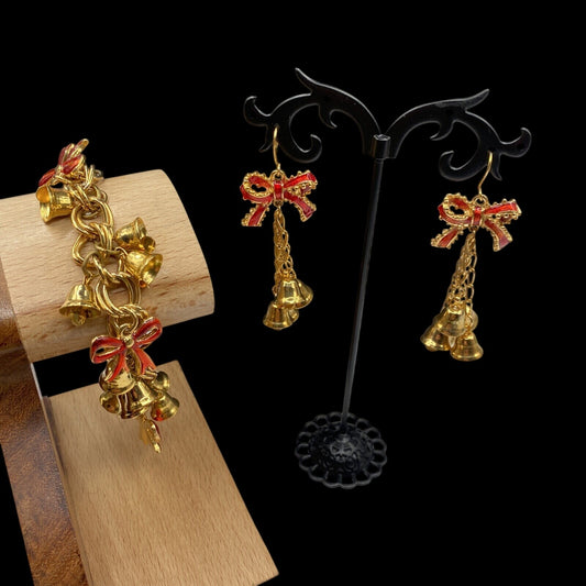 Christmas Bells Earrings & Bracelet With Enamel Red Bows Size 6.5 Gold Tone