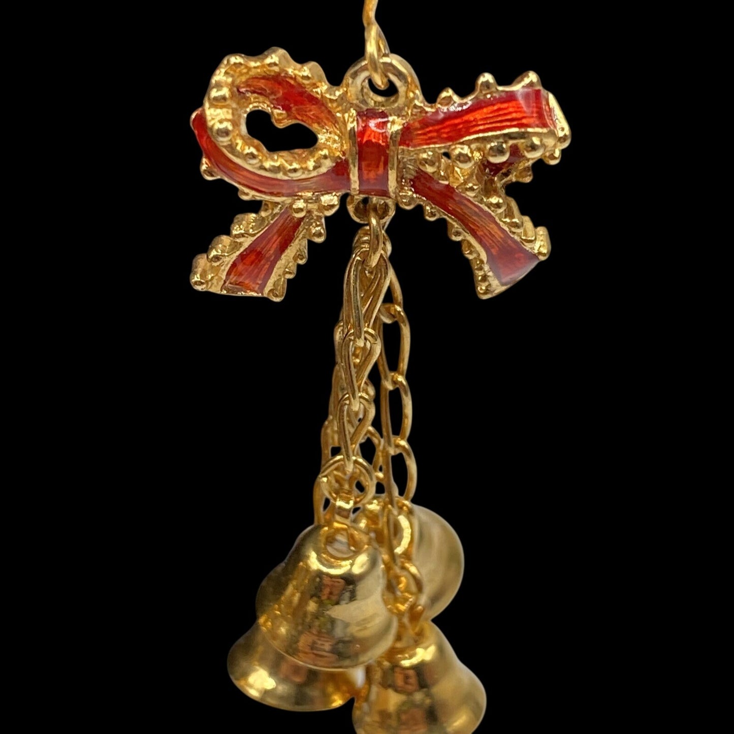 Christmas Bells Earrings & Bracelet With Enamel Red Bows Size 6.5 Gold Tone