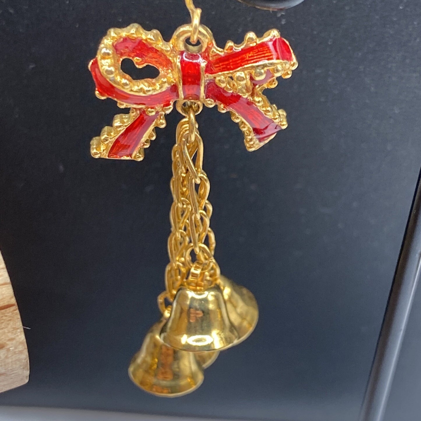 Christmas Bells Earrings & Bracelet With Enamel Red Bows Size 6.5 Gold Tone