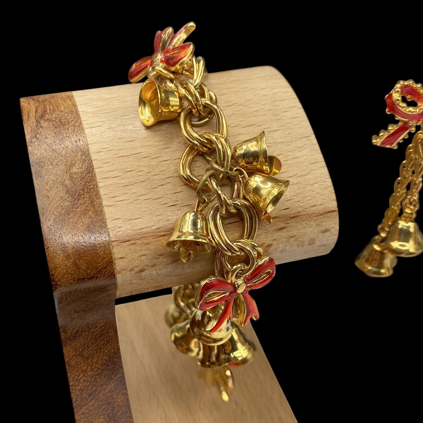 Christmas Bells Earrings & Bracelet With Enamel Red Bows Size 6.5 Gold Tone