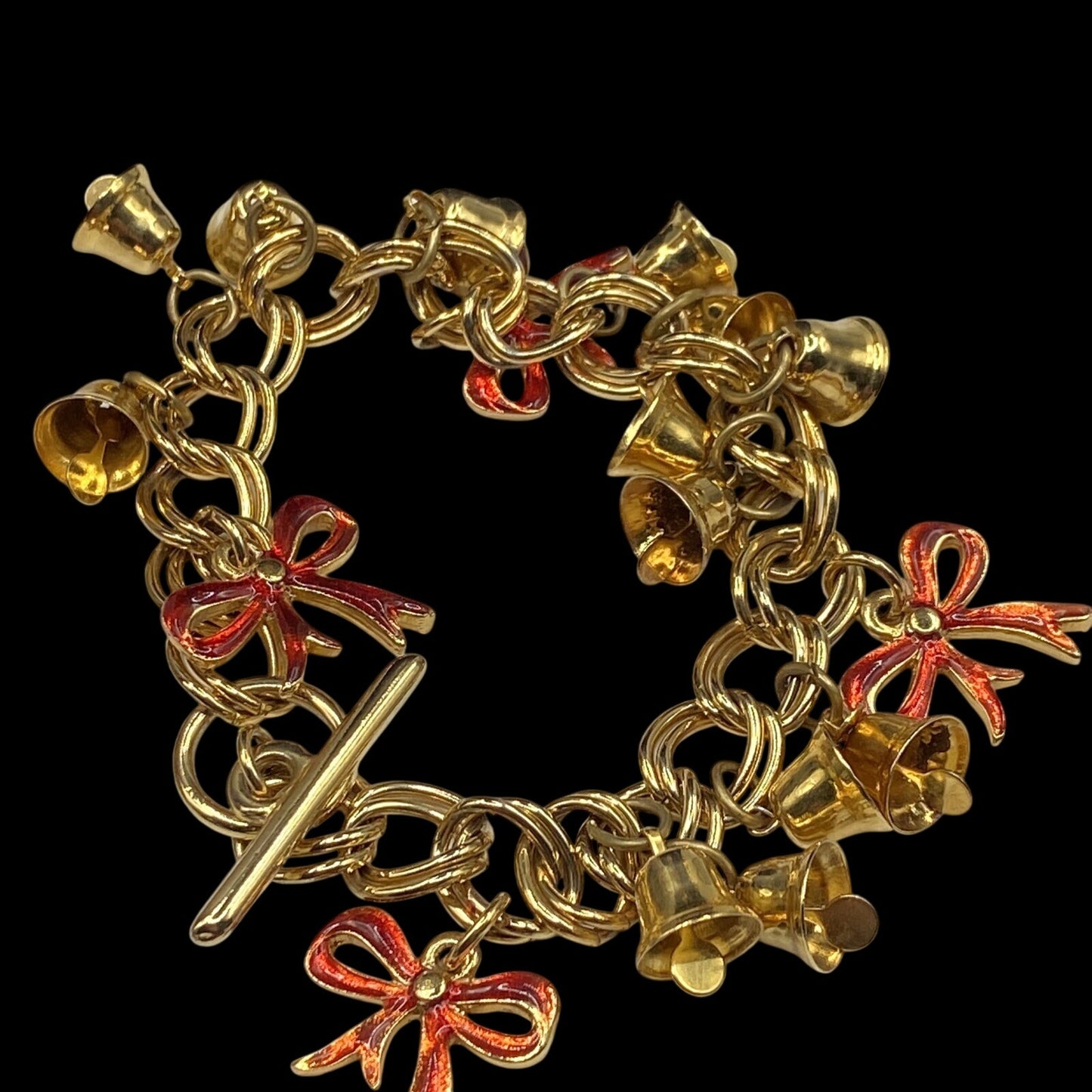 Christmas Bells Earrings & Bracelet With Enamel Red Bows Size 6.5 Gold Tone