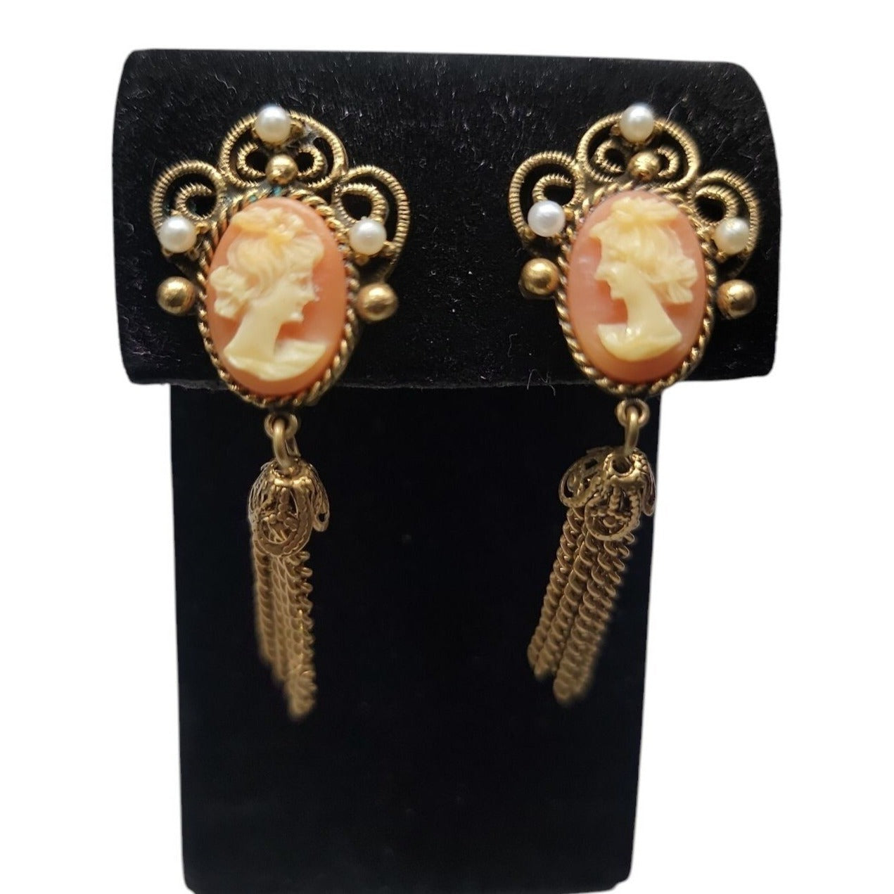 Designer Faux Cameo Tassel Clip On Earrings Patent Pending Vintage Gold Tone