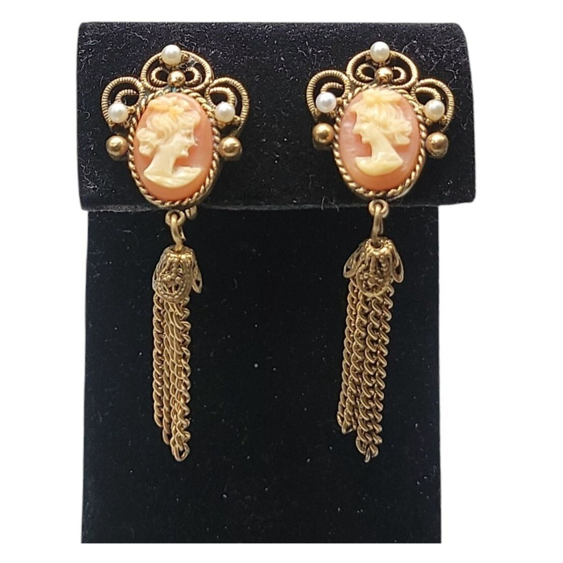 Designer Faux Cameo Tassel Clip On Earrings Patent Pending Vintage Gold Tone