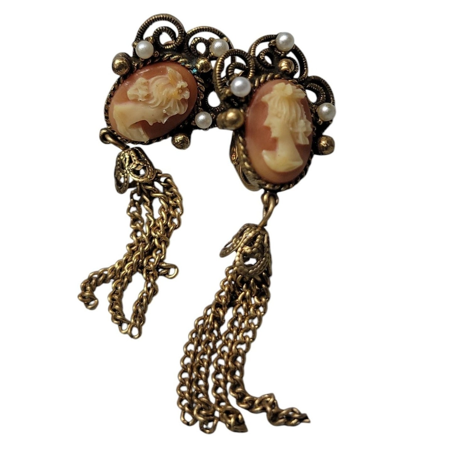 Designer Faux Cameo Tassel Clip On Earrings Patent Pending Vintage Gold Tone