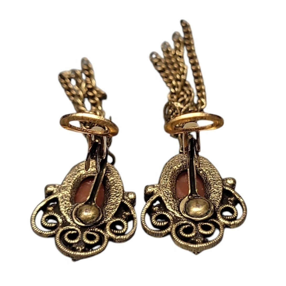 Designer Faux Cameo Tassel Clip On Earrings Patent Pending Vintage Gold Tone