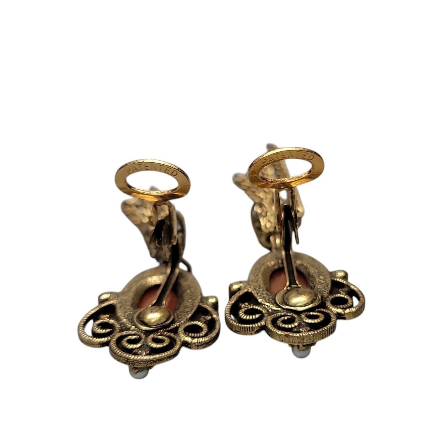 Designer Faux Cameo Tassel Clip On Earrings Patent Pending Vintage Gold Tone