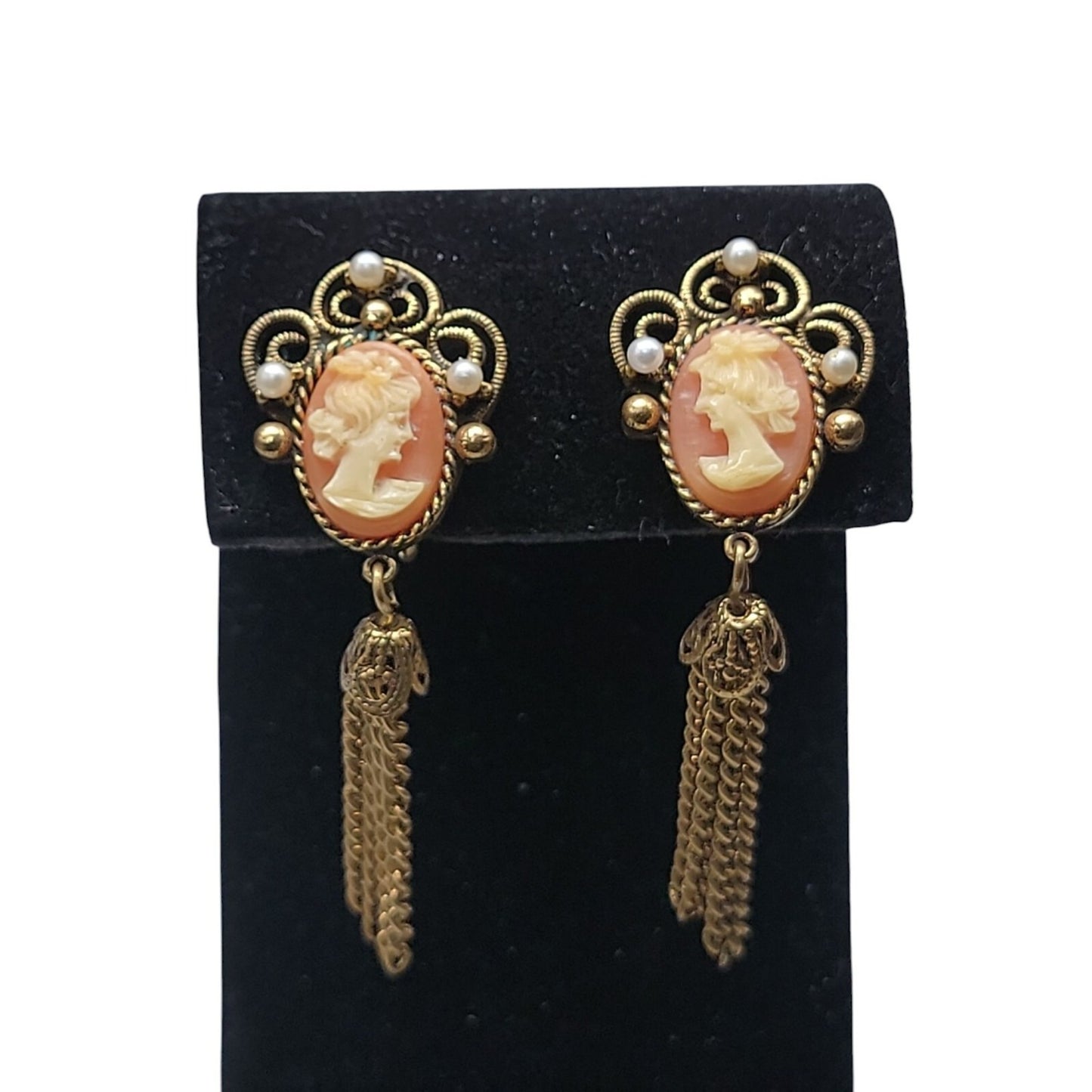 Designer Faux Cameo Tassel Clip On Earrings Patent Pending Vintage Gold Tone