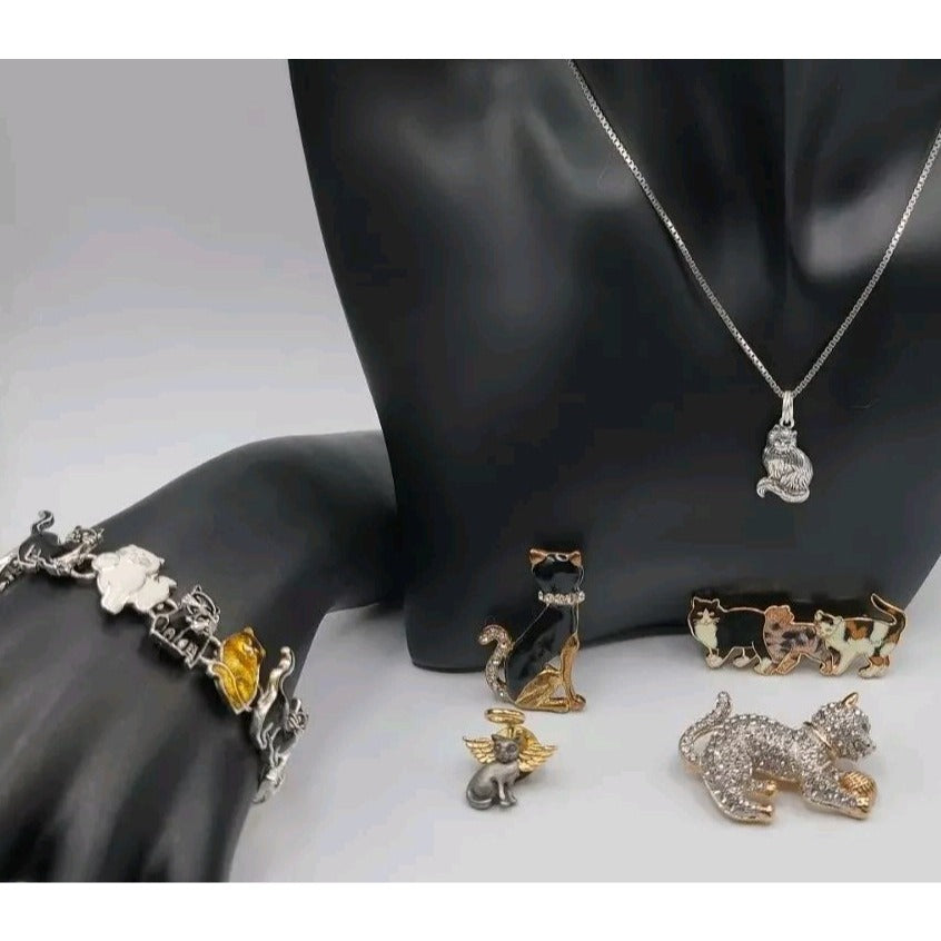 Cat Jewerly Lot 4 Kitty Pins Brooches Bracelet Sterling Silver Necklace