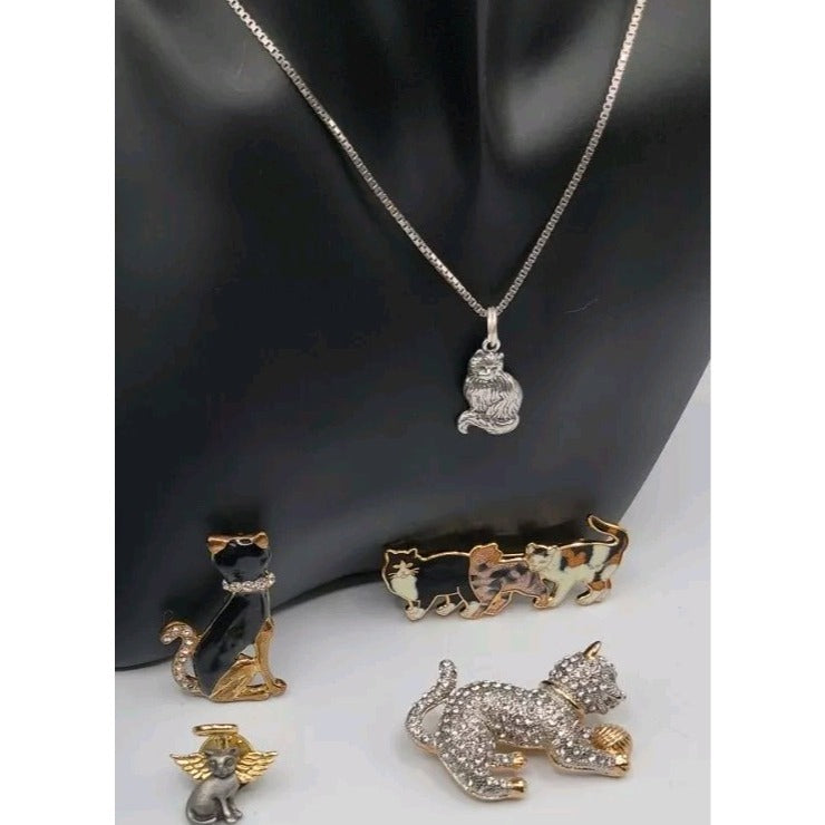 Cat Jewerly Lot 4 Kitty Pins Brooches Bracelet Sterling Silver Necklace
