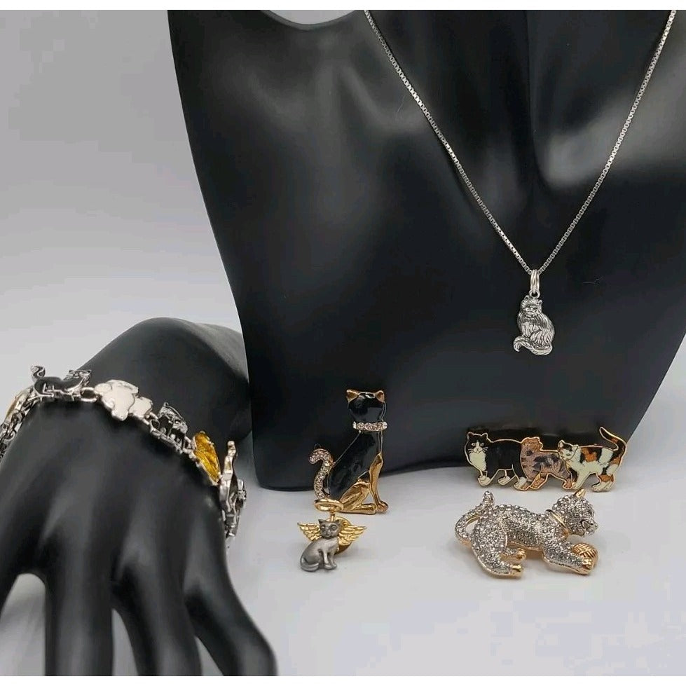 Cat Jewerly Lot 4 Kitty Pins Brooches Bracelet Sterling Silver Necklace