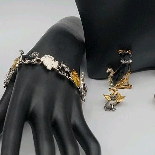 Cat Jewerly Lot 4 Kitty Pins Brooches Bracelet Sterling Silver Necklace