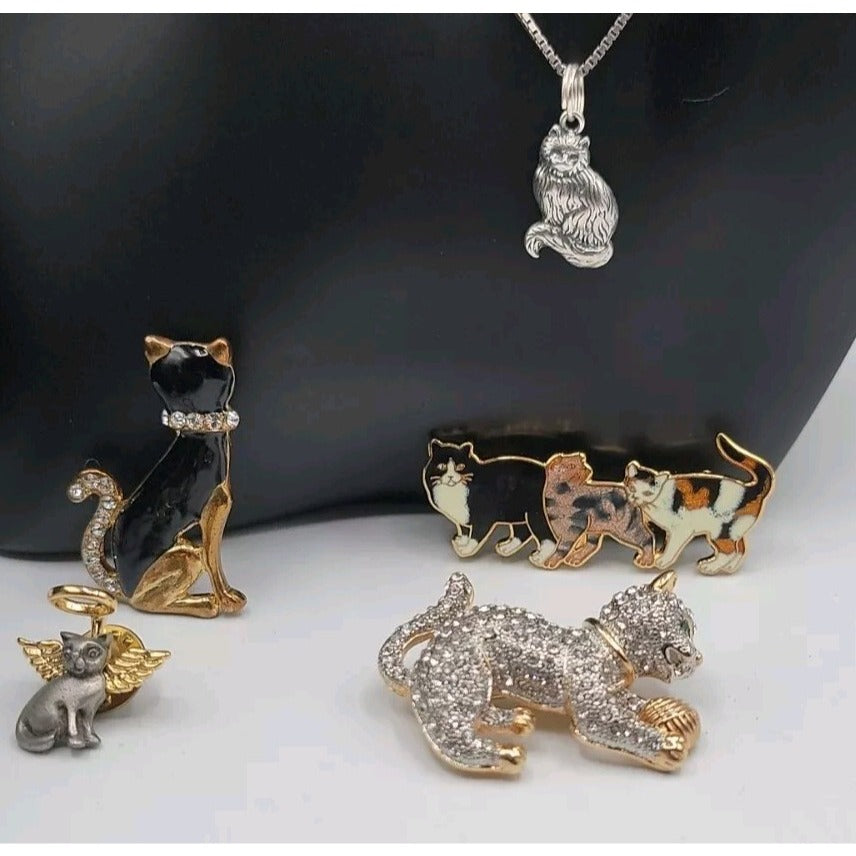 Cat Jewerly Lot 4 Kitty Pins Brooches Bracelet Sterling Silver Necklace