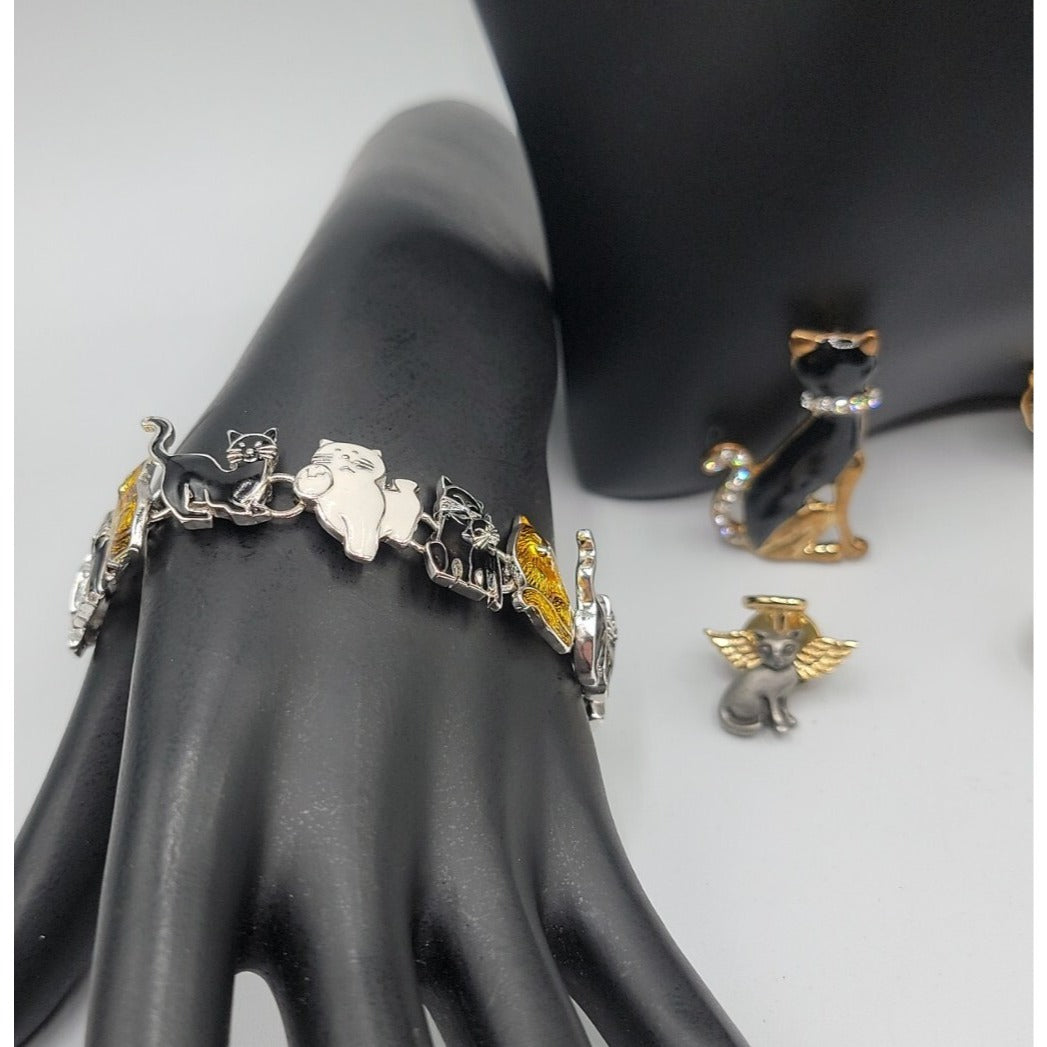 Cat Jewerly Lot 4 Kitty Pins Brooches Bracelet Sterling Silver Necklace