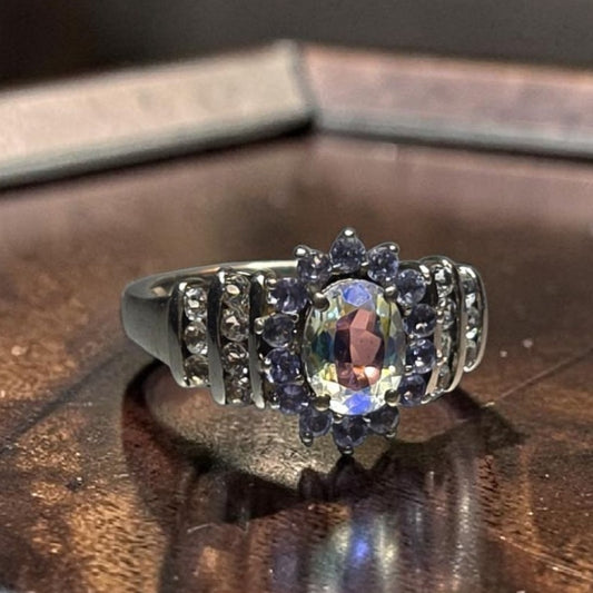 STS 925 Sterling Silver Natural Australian Boulder Opal Tanzanite Ring Size 8