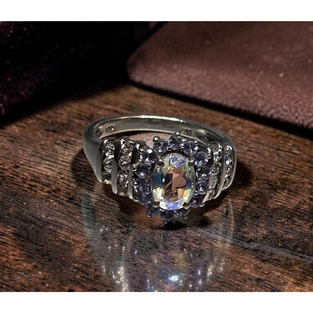 STS 925 Sterling Silver Natural Australian Boulder Opal Tanzanite Ring Size 8