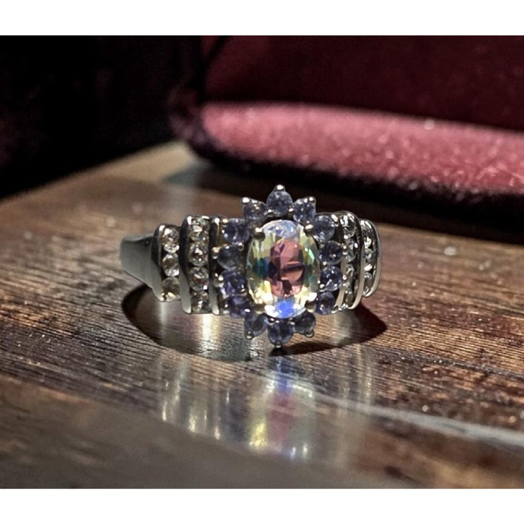STS 925 Sterling Silver Natural Australian Boulder Opal Tanzanite Ring Size 8
