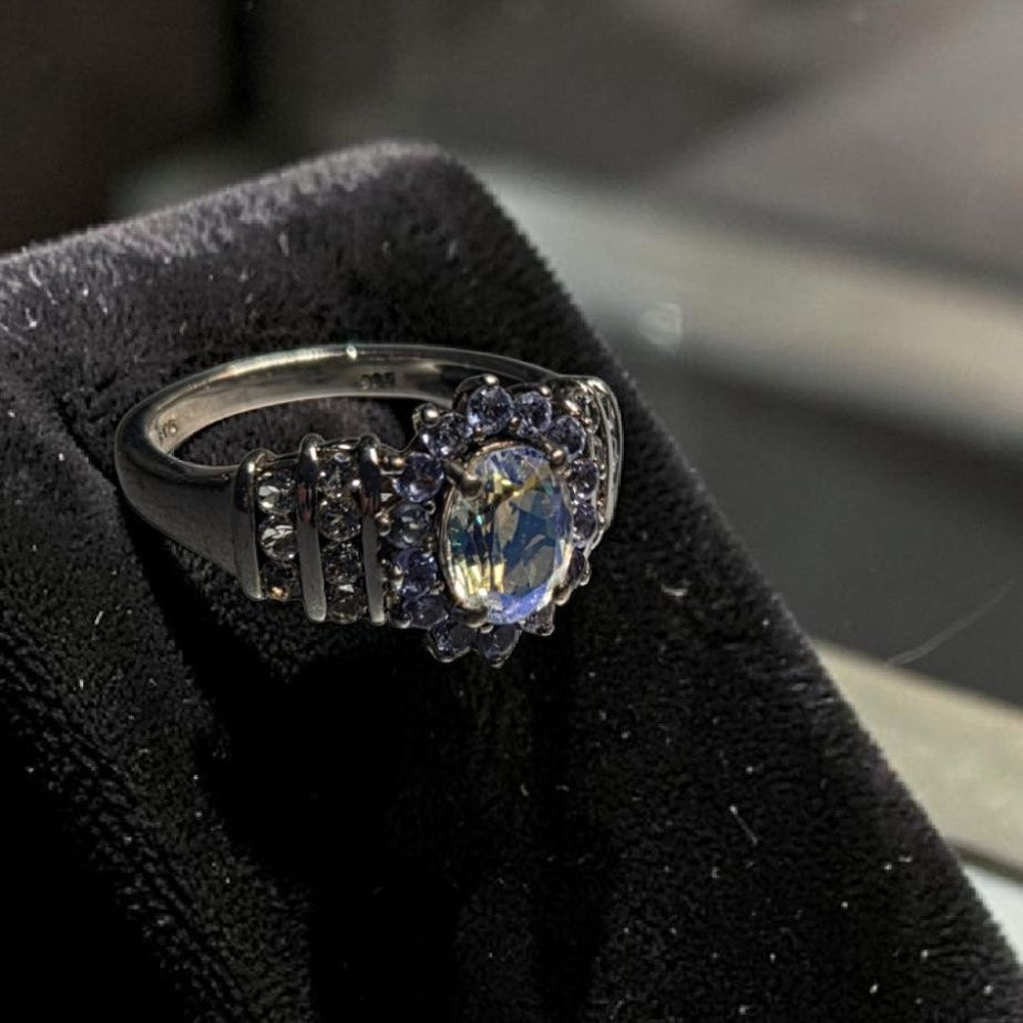 STS 925 Sterling Silver Natural Australian Boulder Opal Tanzanite Ring Size 8
