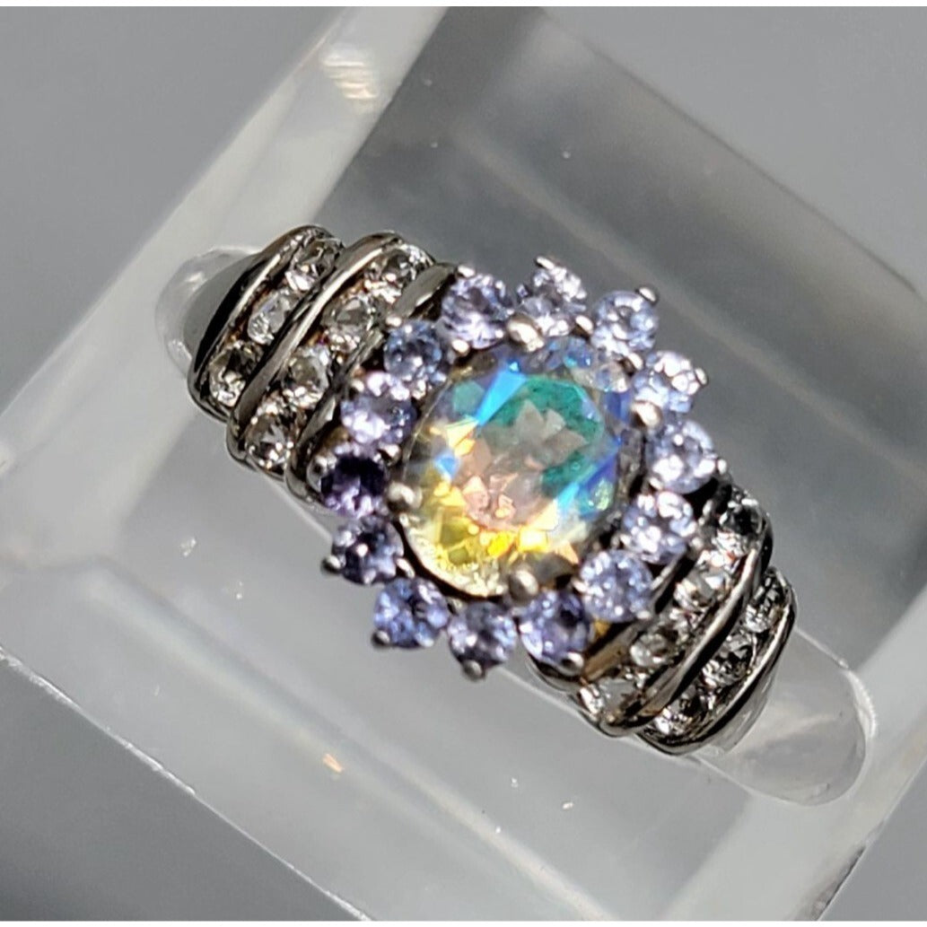 STS 925 Sterling Silver Natural Australian Boulder Opal Tanzanite Ring Size 8