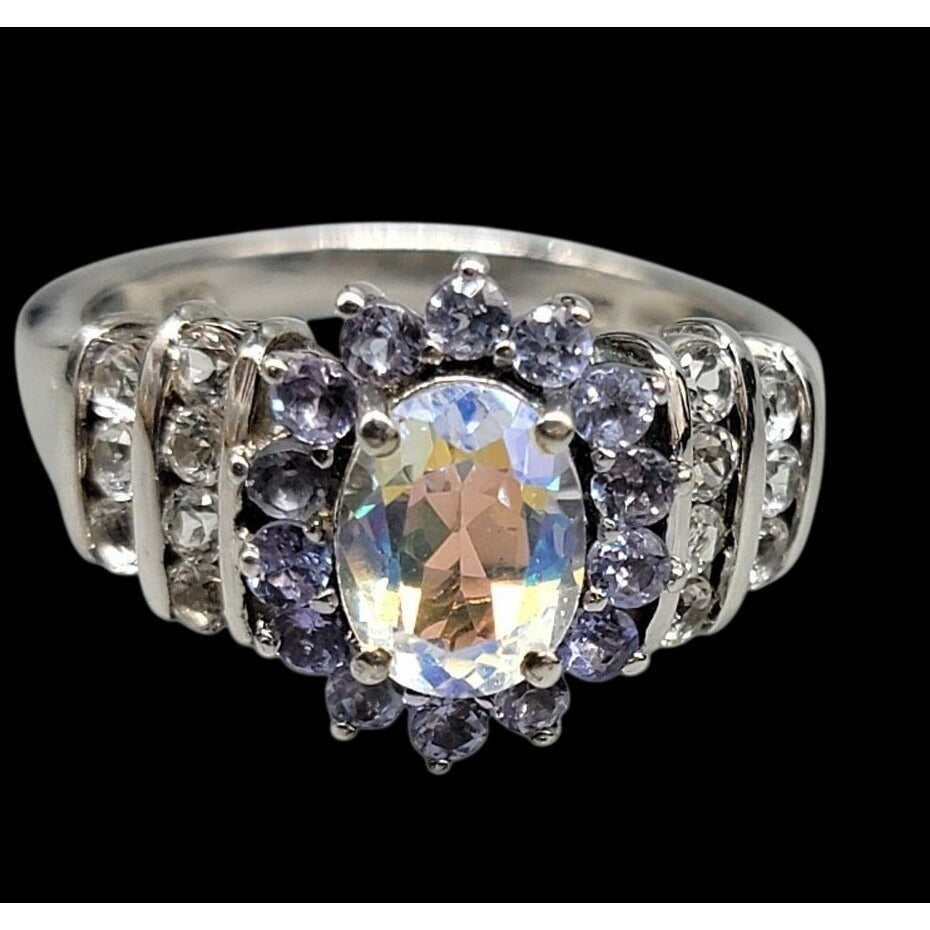 STS 925 Sterling Silver Natural Australian Boulder Opal Tanzanite Ring Size 8