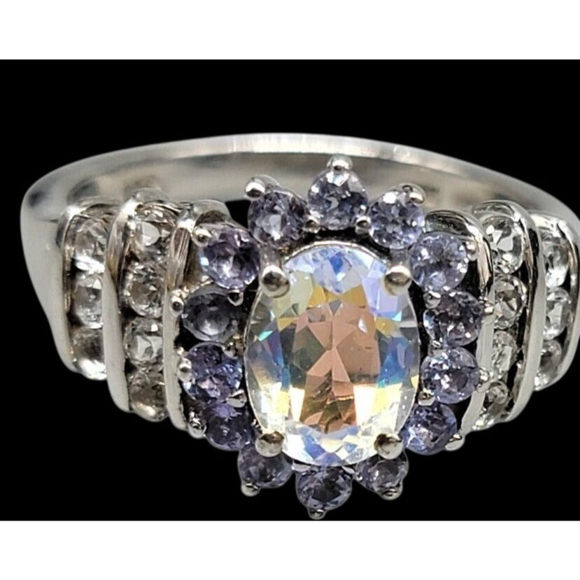STS 925 Sterling Silver Natural Australian Boulder Opal Tanzanite Ring Size 8