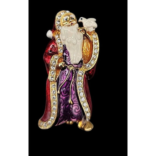 Christopher Radko Pin Santa Claus Brooch Signed Red Purple Enamel Rhinestones