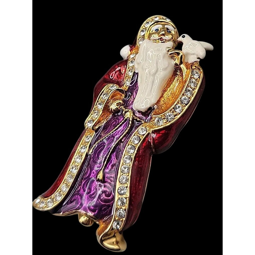 Christopher Radko Pin Santa Claus Brooch Signed Red Purple Enamel Rhinestones