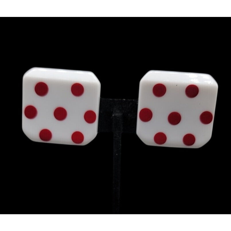 Vintage Lucite Dice Clip On Earrings Large Lucky 7 White Red Polka Dots Vegas
