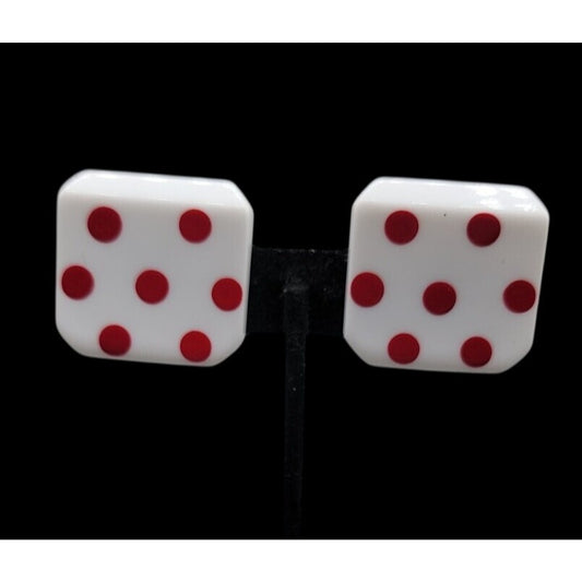 Vintage Lucite Dice Clip On Earrings Large Lucky 7 White Red Polka Dots Vegas