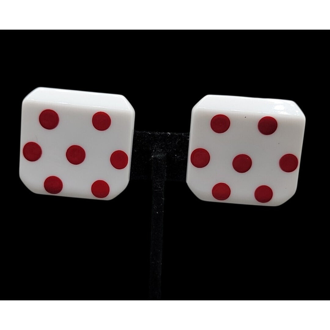 Vintage Lucite Dice Clip On Earrings Large Lucky 7 White Red Polka Dots Vegas