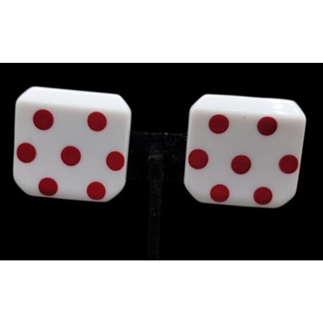 Vintage Lucite Dice Clip On Earrings Large Lucky 7 White Red Polka Dots Vegas