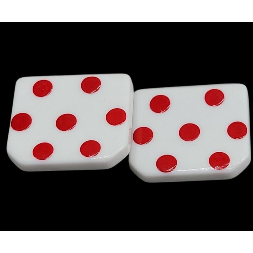 Vintage Lucite Dice Clip On Earrings Large Lucky 7 White Red Polka Dots Vegas