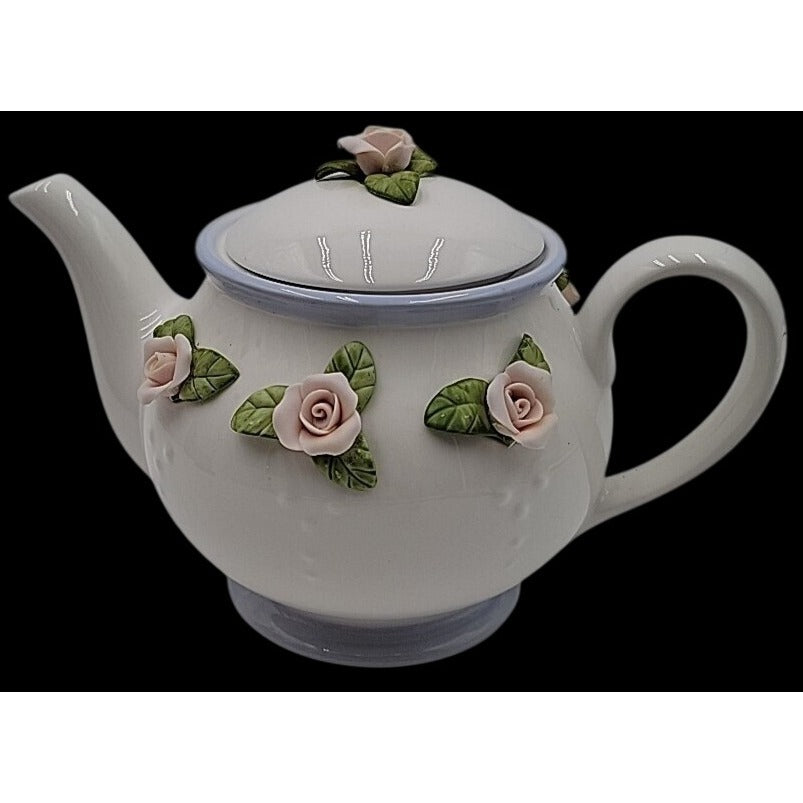 Vintage Teleflora Gift Teapot Applied 3D Ceramic Pink & Green Rose Philippines