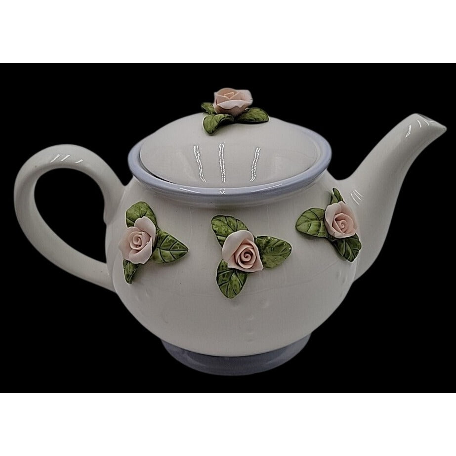 Vintage Teleflora Gift Teapot Applied 3D Ceramic Pink & Green Rose Philippines
