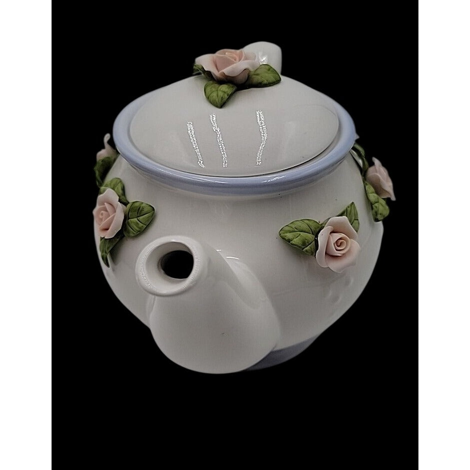 Vintage Teleflora Gift Teapot Applied 3D Ceramic Pink & Green Rose Philippines