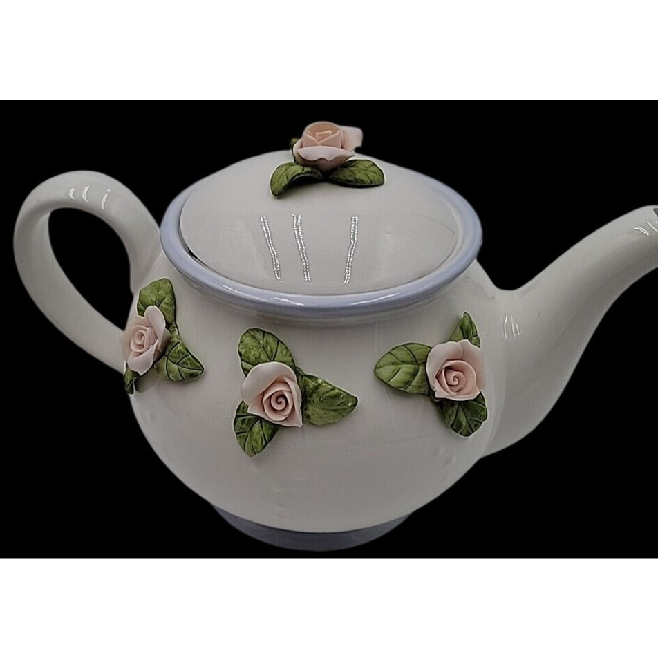 Vintage Teleflora Gift Teapot Applied 3D Ceramic Pink & Green Rose Philippines