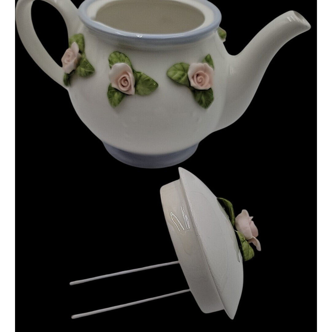 Vintage Teleflora Gift Teapot Applied 3D Ceramic Pink & Green Rose Philippines