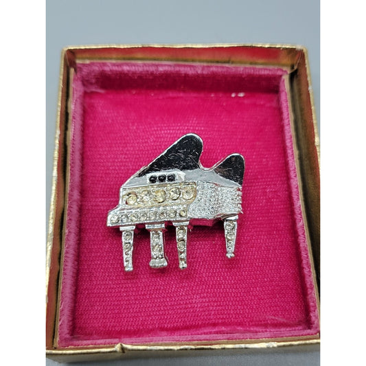 Diamond Look by Kramer Brooch Silver Plate Rhinestone Studded Grand Piano 1960s