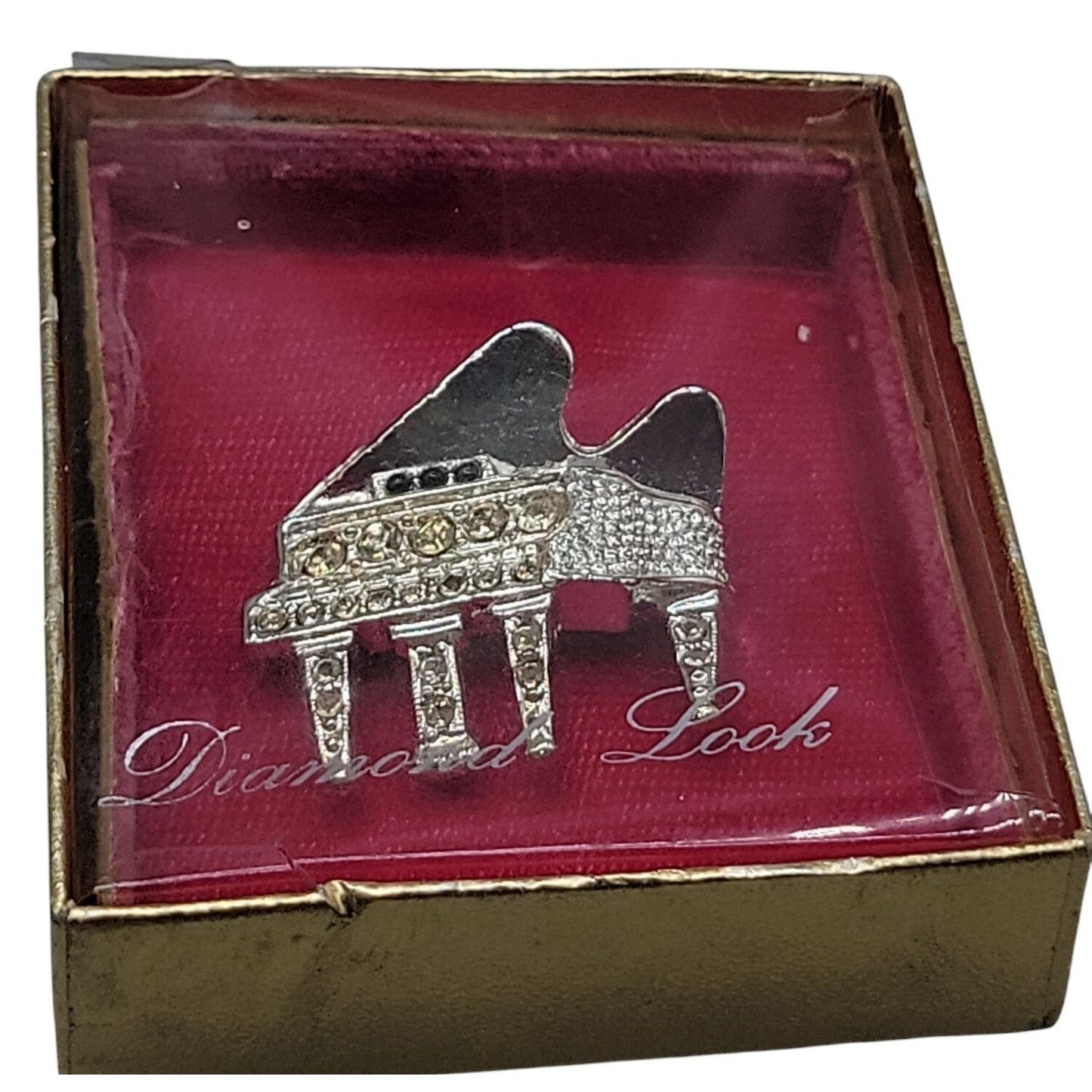 Diamond Look by Kramer Brooch Silver Plate Rhinestone Studded Grand Piano 1960s