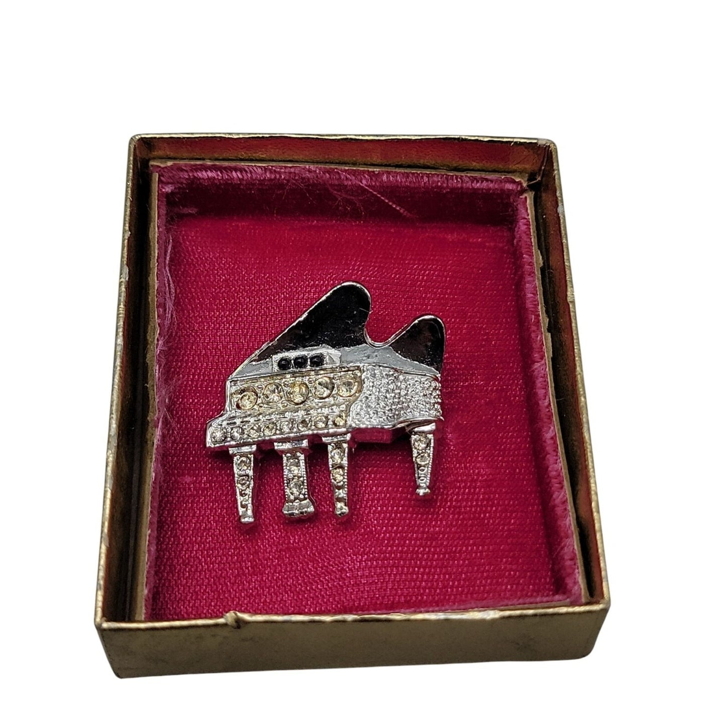 Diamond Look by Kramer Brooch Silver Plate Rhinestone Studded Grand Piano 1960s