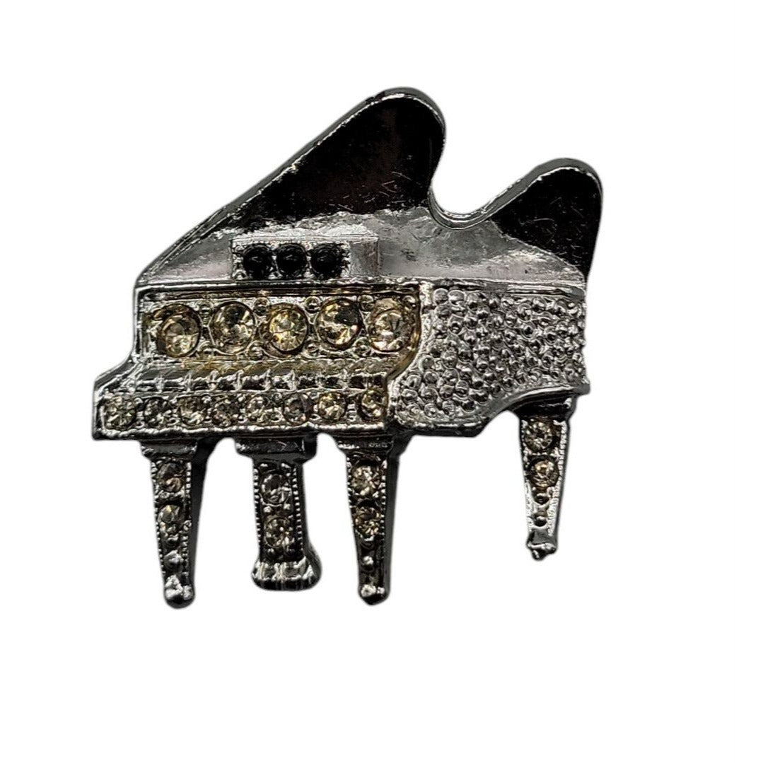 Diamond Look by Kramer Brooch Silver Plate Rhinestone Studded Grand Piano 1960s