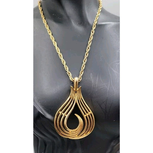 Crown Trifari Pendant Necklace 1960's Large Gold Plated Teardrop Shaped  36"
