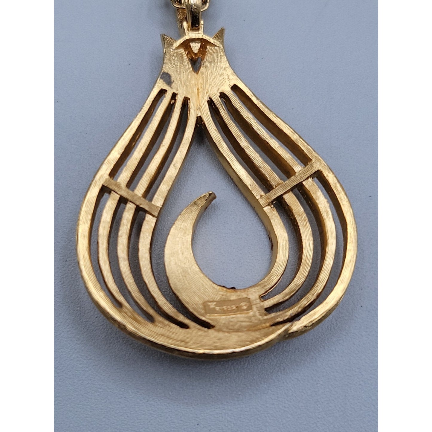 Crown Trifari Pendant Necklace 1960's Large Gold Plated Teardrop Shaped  36"