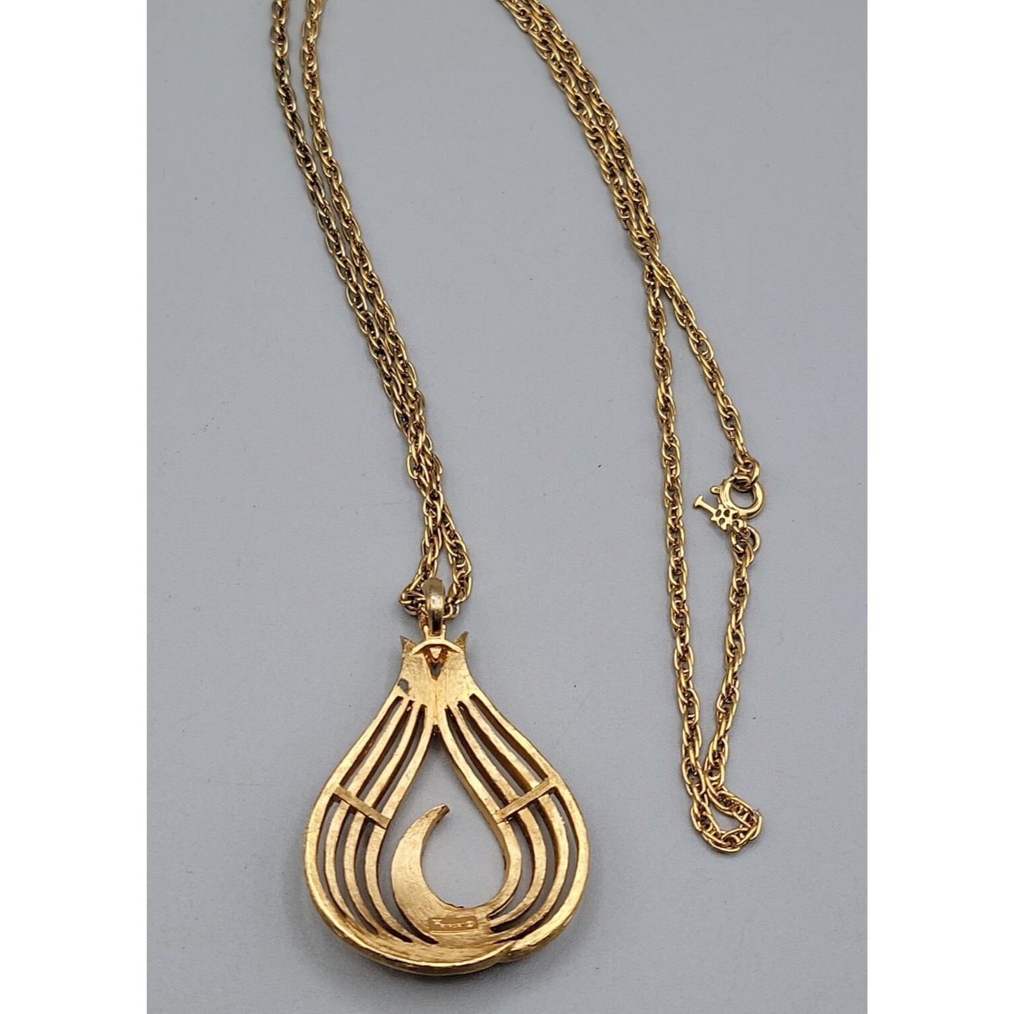 Crown Trifari Pendant Necklace 1960's Large Gold Plated Teardrop Shaped  36"