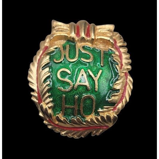 Vintage Elle Christmas Just Say Ho Brooch Large Oval Red Green Gold Tone