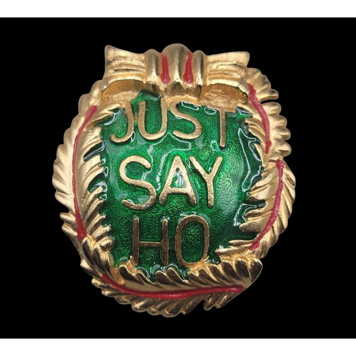 Vintage Elle Christmas Just Say Ho Brooch Large Oval Red Green Gold Tone