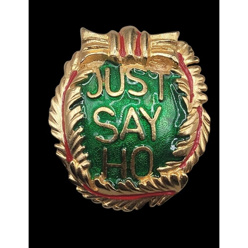 Vintage Elle Christmas Just Say Ho Brooch Large Oval Red Green Gold Tone