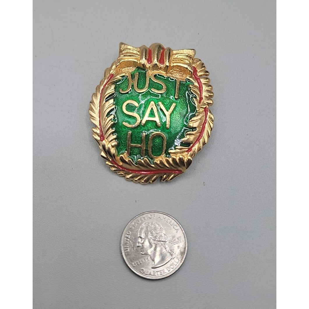 Vintage Elle Christmas Just Say Ho Brooch Large Oval Red Green Gold Tone
