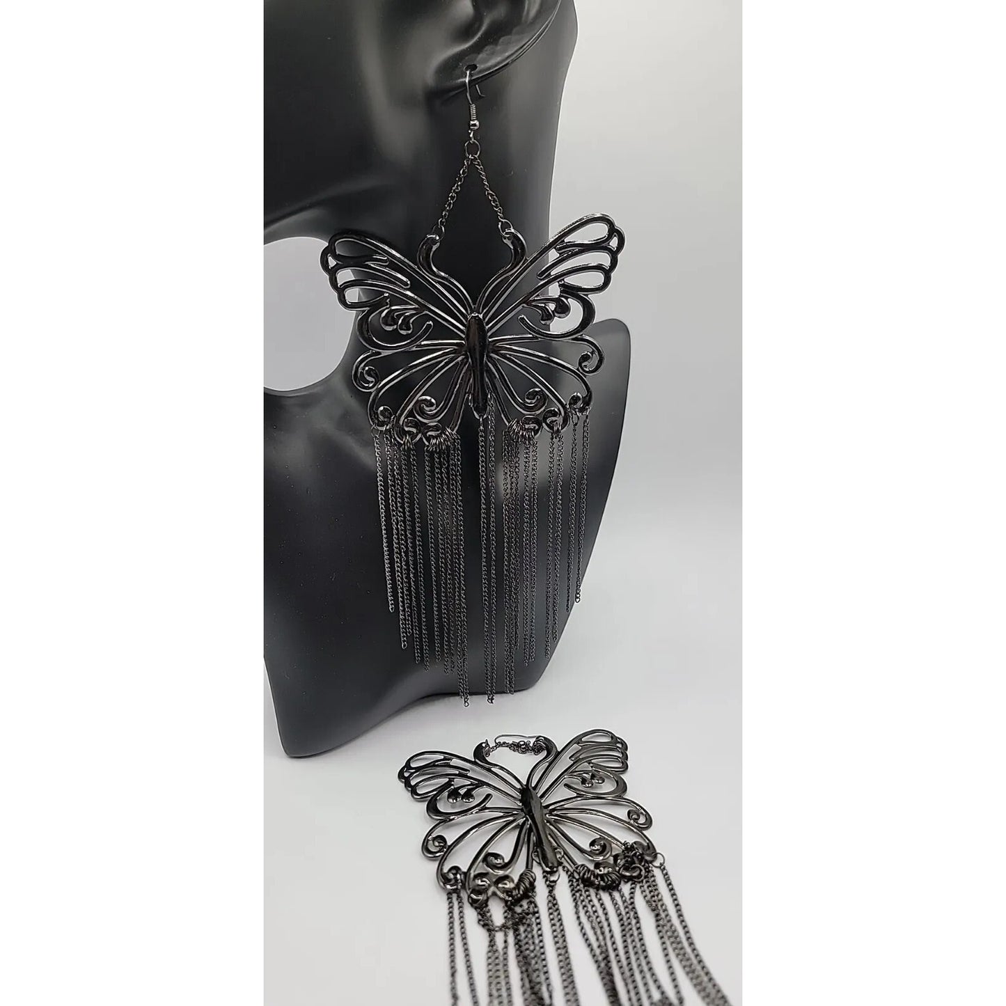 XXL Butterfly Runway Earrings Black Butterfly Tassel Statement Dangle Hooks  8"+